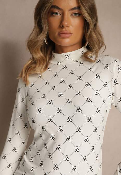 Biała Bluzka Longsleeve Półgolf z Bawełny Ozdobiona Geometrycznym Nadrukiem Zantila