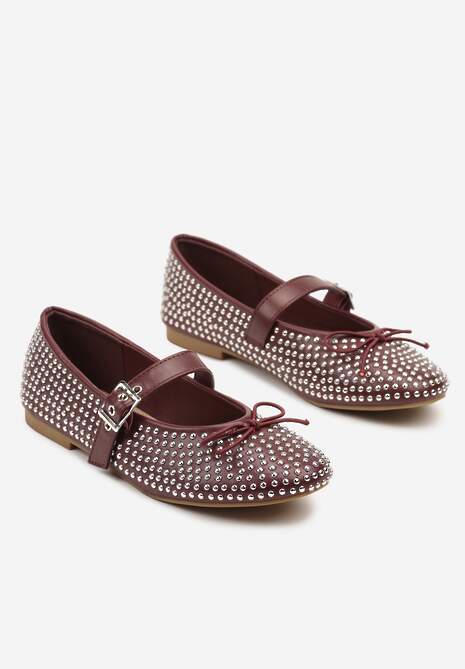 Bordowe Balerinki Mary Jane Ozdobione Kokardą i Cyrkoniami Lurisellia