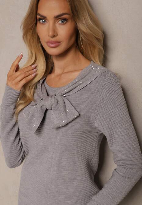 Ciemnoszary Sweter z Prążkowanej Dzianiny z Wiskozą Ozdobiony Cyrkoniami i Wiązaniem Tintorinae