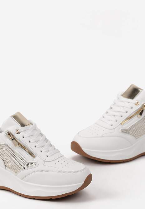 Biało-Beżowe Sneakersy Ozdobione Cyrkoniami i Suwakiem na Grubej Podeszwie Migenna