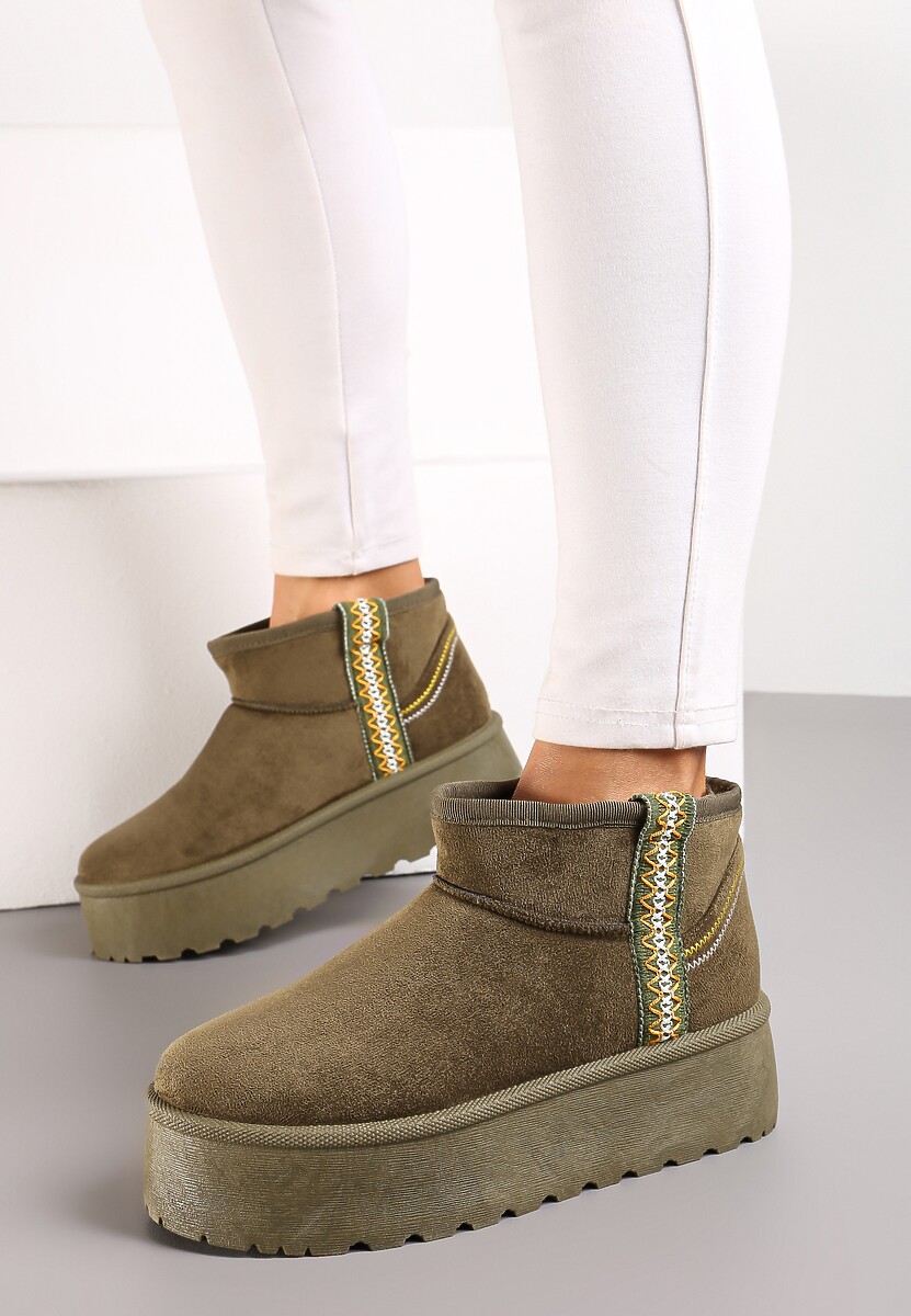 Zielone Śniegowce na Wsuwanie z Ozdobnym Paskiem i Grubą Podeszwą Veonli