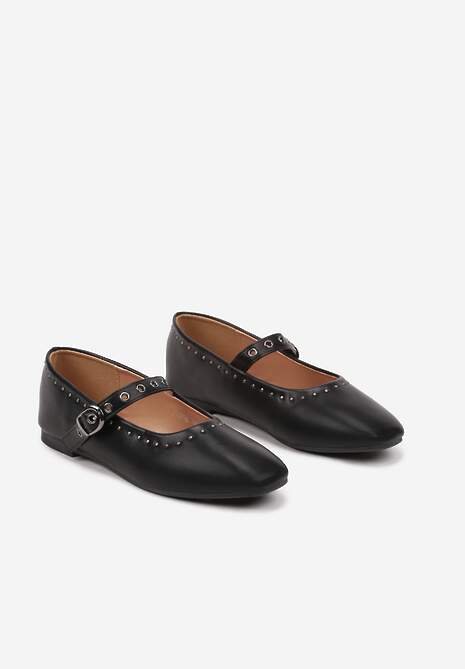 Czarne Balerinki na Płaskiej Podeszwie Mary Jane z Ćwiekami Bialonna