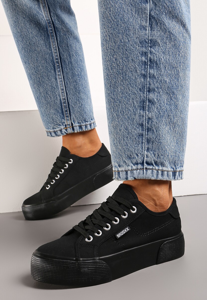 Czarne Casualowe Trampki przed Kostkę na Platformie ze Sznurowaniem Reapita