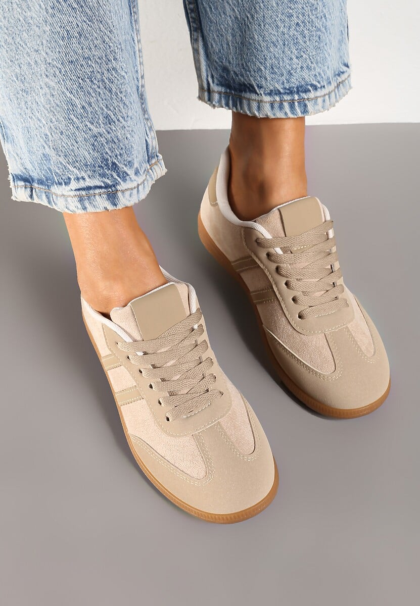 Ciemnobeżowe Casualowe Sneakersy z Ekozamszu na Płaskiej Podeszwie Pemeriana