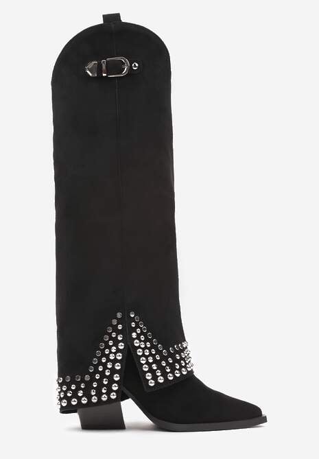 Czarne Kozaki w Stylu Kowbojek z Nitami i Wywiniętą Cholewką Irimora