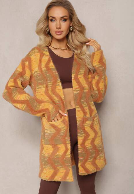 Brązowy Luźny Kardigan Niezapinany w Geometryczny Print Sheshy