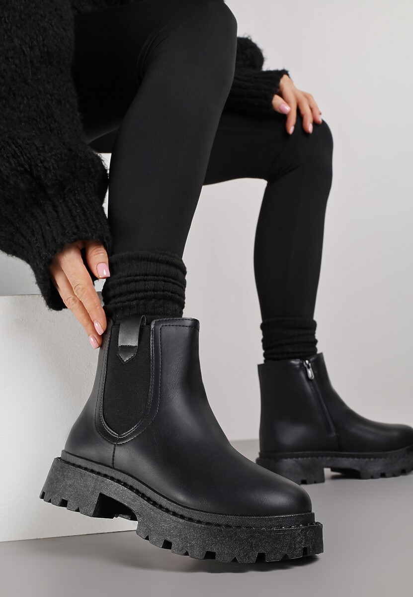 Czarne Botki Sztyblety na Grubej Podeszwie Liraelia