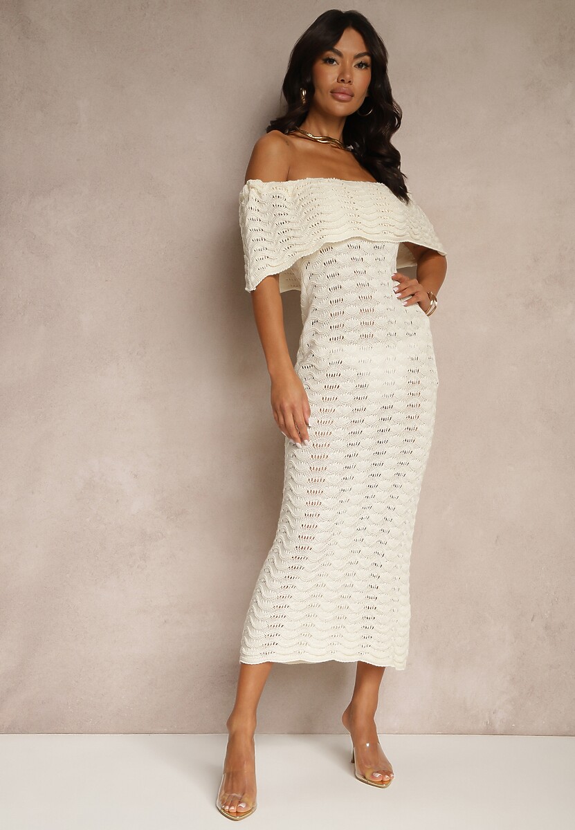 Czarna Sukienka Hiszpanka z Ażurowej Tkaniny z Ozdobnym Dekoltem Filadella