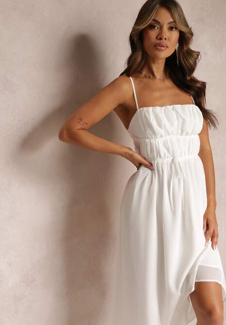 Biała Sukienka o Rozkloszowanym Kroju na Ramiączkach z Wiązaniem Lunarea