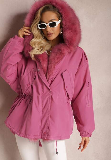 Różowa Kurtka Parka Oversize z Futerkiem Horelle