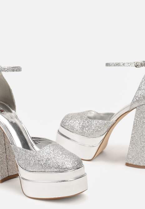 Srebrne Brokatowe Eleganckie Sandały na Platformie i Słupku Mericiana