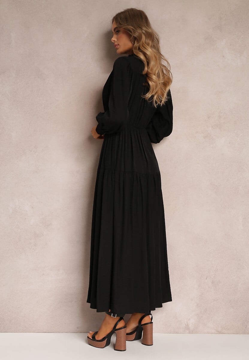 Czarna Rozkloszowana Sukienka z Gumką w Pasie i Ozdobnymi Guzikami Graziela