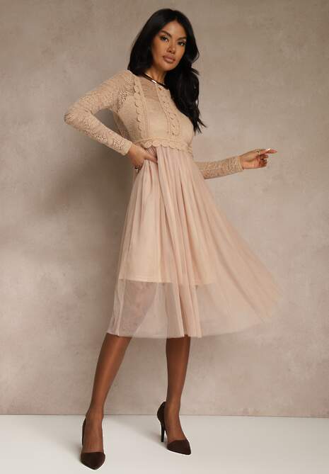 Ciemnobeżowa Elegancka Tiulowa Sukienka o Rozkloszowanym Kroju z Koronką Samelba