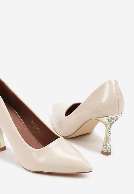 Jasnobeżowe Szpilki Lakierowane Vices ze Skórzaną Wkładką i Cyrkoniami Avadvire