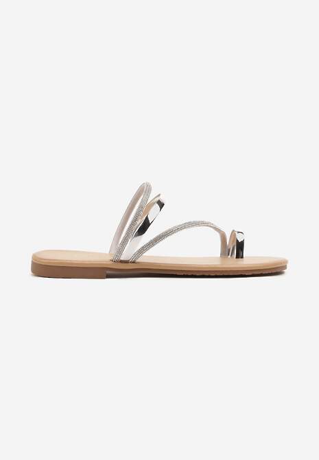 Srebrne Klapki w Stylu Japonek Ozdobione Cyrkoniami Firfia