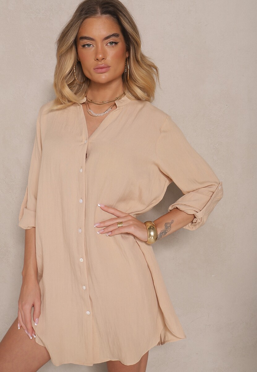 Beżowa Pudełkowa Sukienka Bawełniana Oversize z Dekoltem w Serek Elavellis