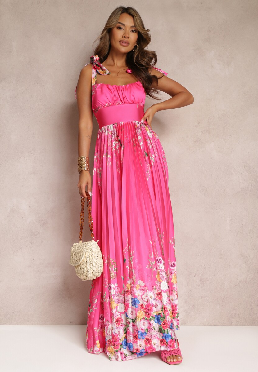 Fuksjowa Plisowana Sukienka Maxi na Wiązanych Ramiączkach Ullita