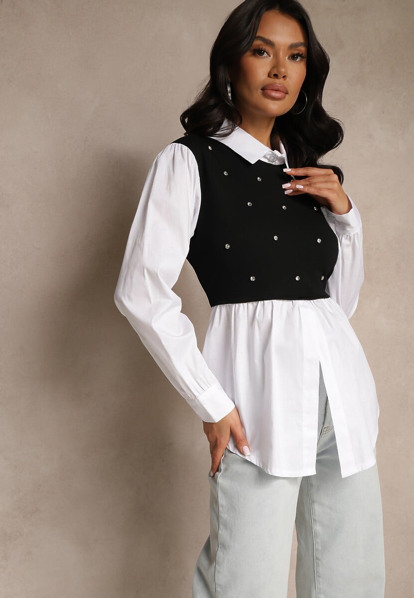Czarna Koszulowa Bluzka z Wiskozą o Rozkloszowanym Kroju z Wszytą Kamizelką Uliadorella