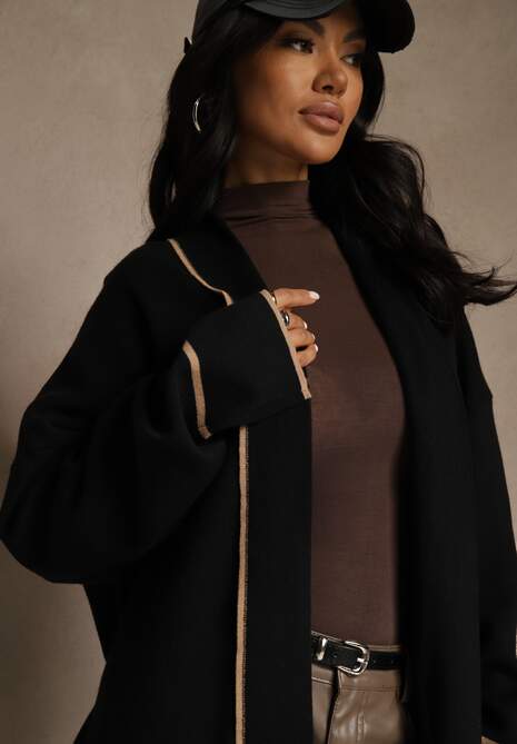 Czarny Niezapinany Kardigan o Długim Kroju z Lamówką Venisse