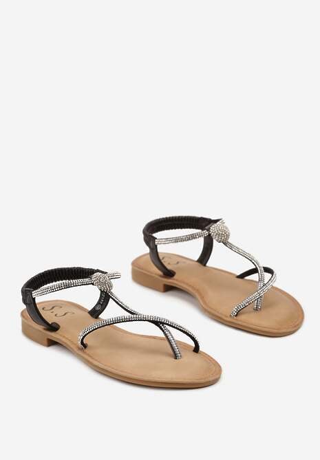Czarne Sandały Japonki na Płaskiej Podeszwie z Cyrkoniami na PaseczkachTessama