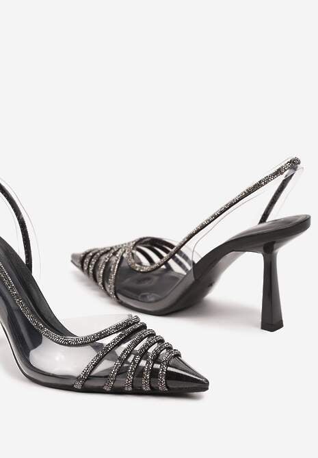 Czarne Transparentne Sandały na Obcasie ze Szpiczastym Noskiem i Cyrkoniami Felissin