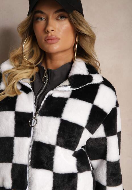 Czarno-Biała Kurtka z Futerka Zasuwana z Kołnierzykiem w Kratkę Vitista