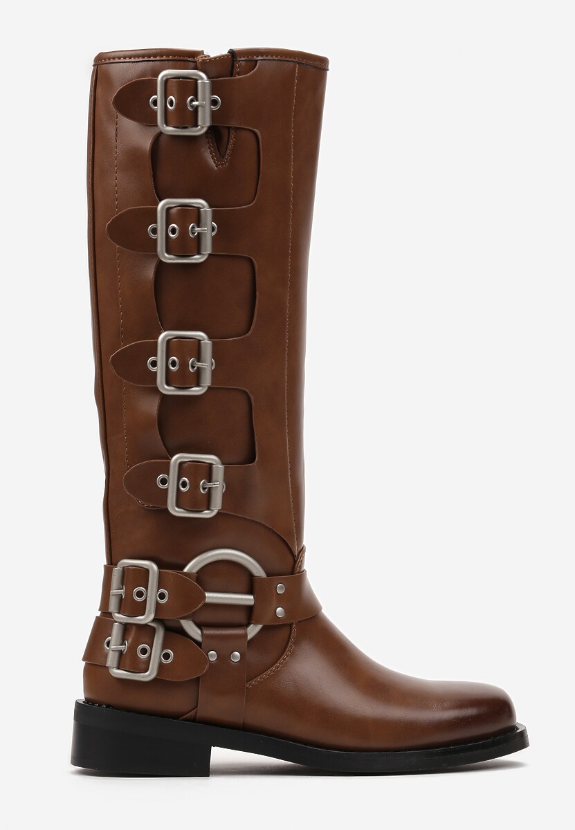 Jasnobrązowe Kozaki Biker z Ozdobnymi Klamerkami i Kwadratowym Noskiem Vivao