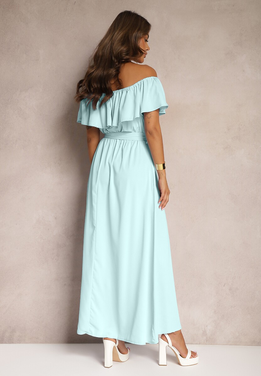 Miętowa Sukienka z Hiszpańskim Dekoltem i Dodatkiem Bawełny z Gumką i Paskiem w Talii Vimasine