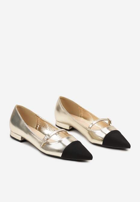 Złote Czółenka na Płaskiej Podeszwie Wykończone Ozdobnym Paskiem Naviona