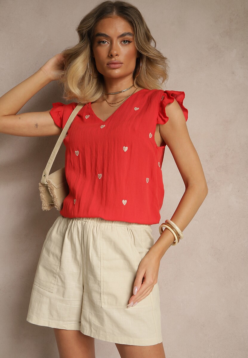 Czerwona Wiskozowa Bluzka Top z Wyhaftowanymi Serduszkami i Falbankami Darwilla