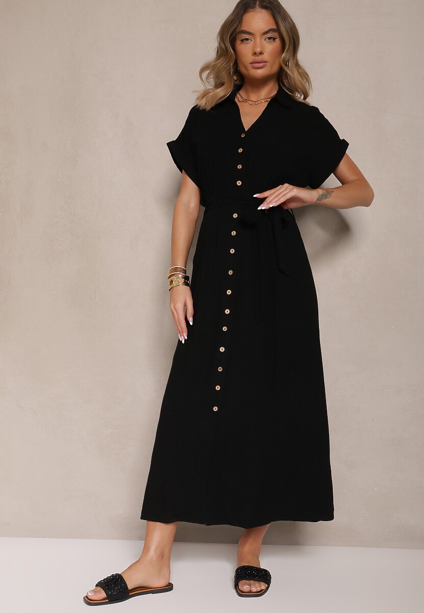 Czarna Sukienka z Wiskozy i Lnu o Koszulowym Kroju z Paskiem Efralissea