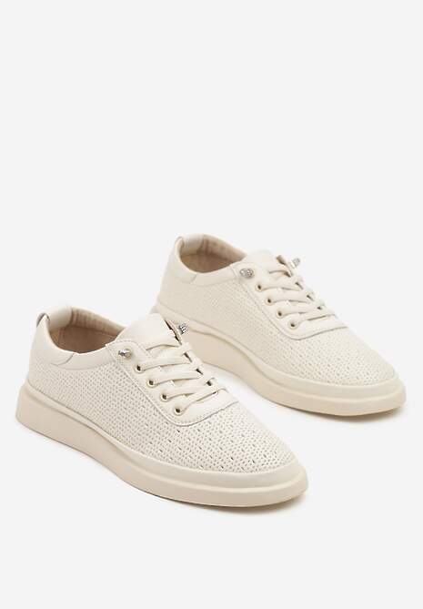 Beżowe Sneakersy Skórzane z Perforacją i Ozdobą Neorielina