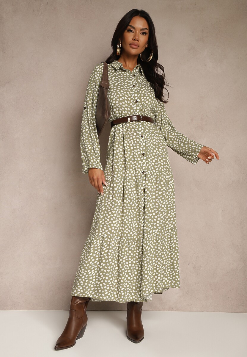 Zielona Maxi Sukienka z Bawełny w Kropki o Koszulowym Kroju z Rozkloszowanym Dołem Feriti