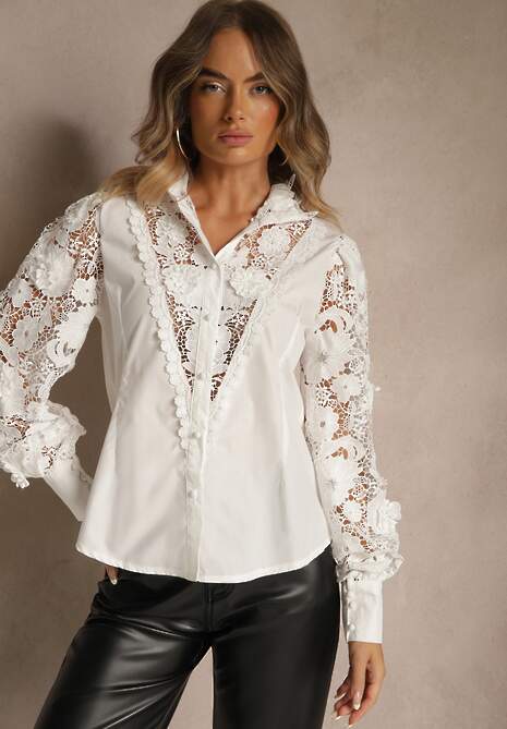 Biała Koszula Koronkowa Zapinana na Guziki Aneries
