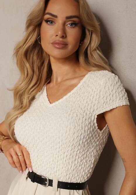 Beżowa Sukienka o Rozkloszowanym Kroju z Krótkim Rękawem i Paskiem z Ekoskóry Frinna