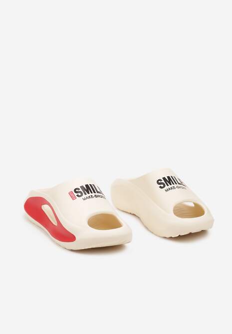 Beżowe Klapki z Pianki z Ozdobnym Nadrukiem na Płaskiej Podeszwie Teslyn