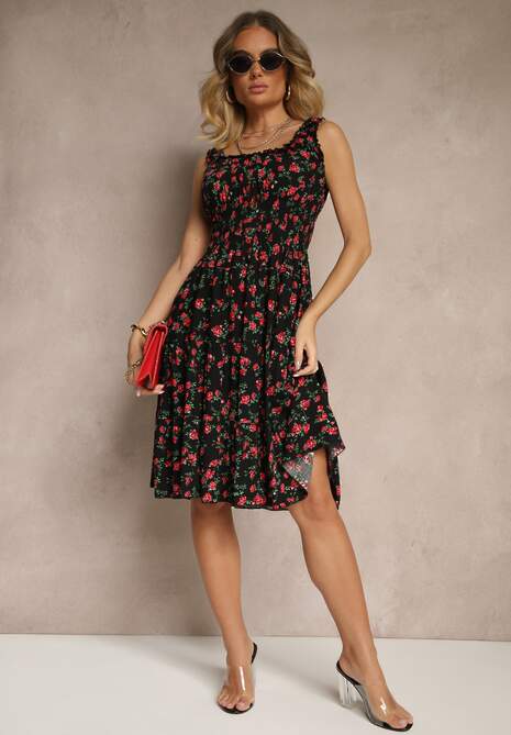 Czarna Rozkloszowana Sukienka na Ramiączkach w Kwiatowy Print Xallio