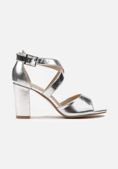 Srebrne Sandały Zapinane na Sprzączkę na Słupku Meavilla