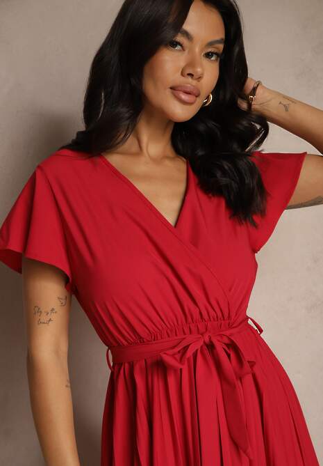 Bordowa Koktajlowa Maxi Sukienka Ozdobiona Plisami z Trójkątnym Dekoltem i Wiązaniem w Talii Phoelia