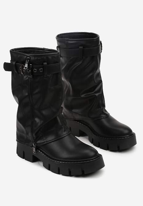 Czarne Botki Biker Boots z Cholewką Imitującą Nogawkę z Klamerką Veresta