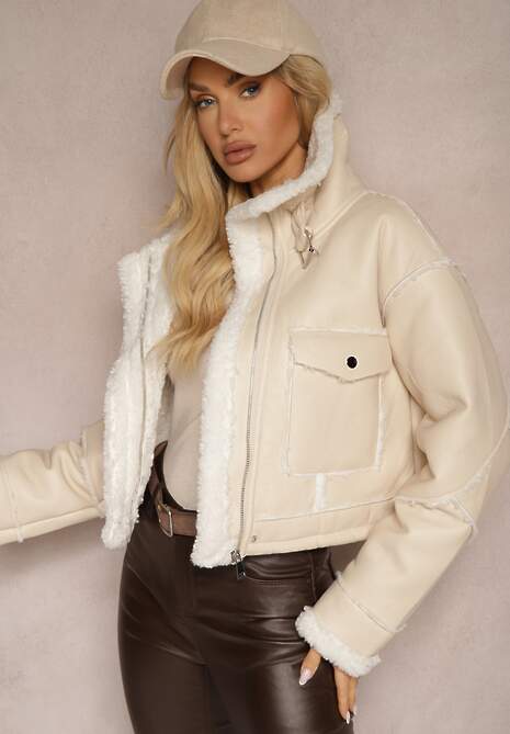 Jasnobeżowa Kurtka Typu Biker o Krótkim Kroju z Kołnierzem i Kieszeniami Naonellea