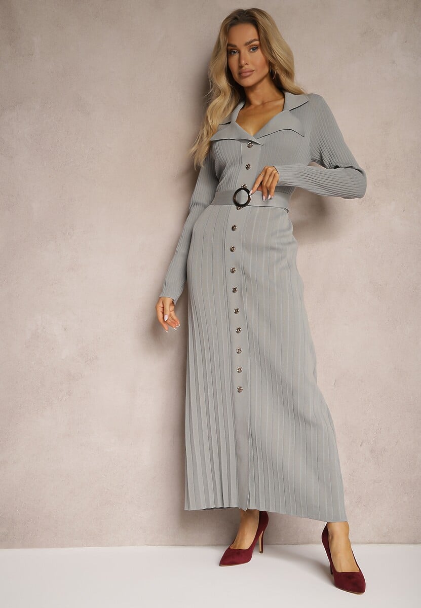 Szara Plisowana Sukienka z Wiskozowej Dzianiny z Kieszeniami i Paskiem Cetida