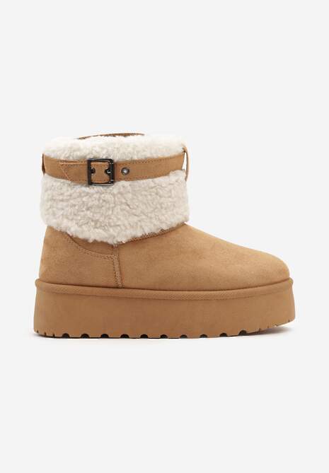 Brązowe Śniegowce na Platformie Ozdobione Metaliczną Klamrą i Futerkiem w Stylu Baranka Anelavia