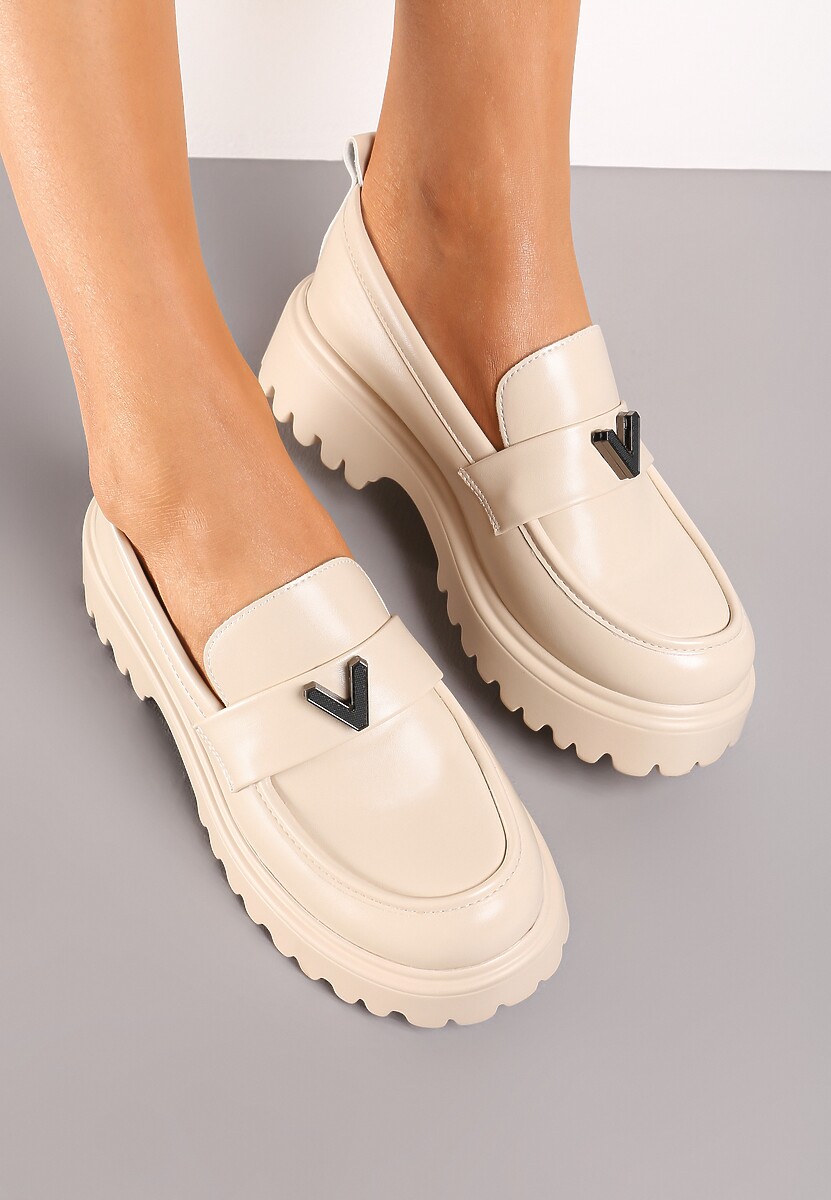 Beżowe Mokasyny z Metalową Klamrą na Grubej Podeszwie ze Żłobieniami Anisle