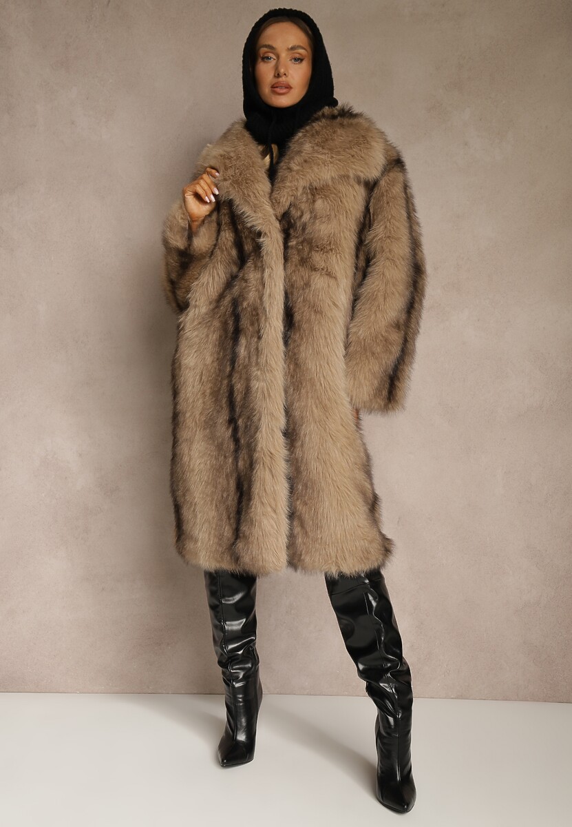 Brązowy Płaszcz Futerko o Prostym Kroju z Szerokim Kołnierzem Ezilana