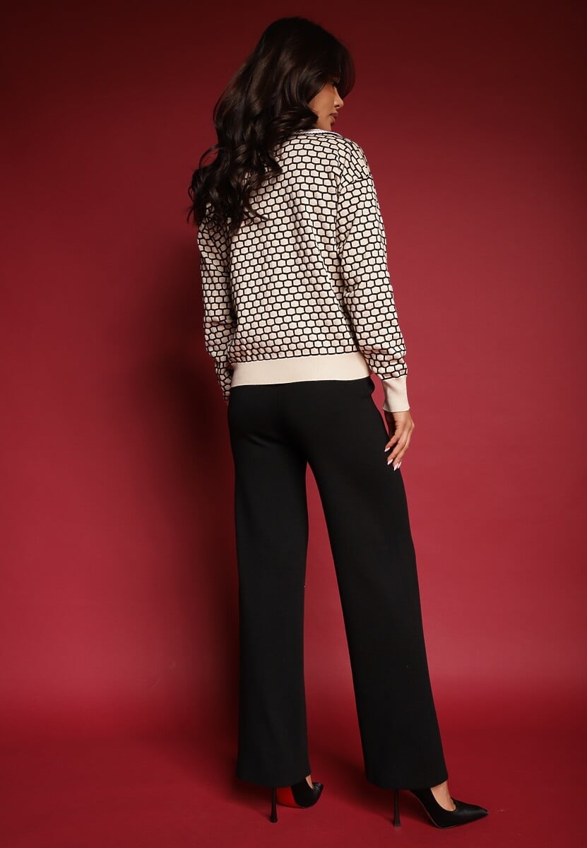 Beżowy Dzianinowy Komplet z Wiskozą Sweter i Spodnie o Szerokim Kroju Annithra