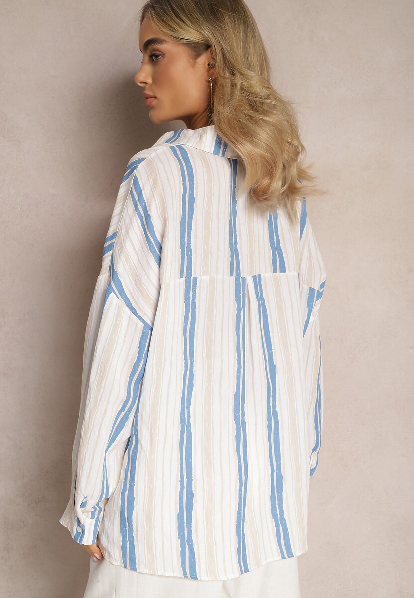 Beżowo-Niebieska Casualowa Koszula z Bawełny w Paski Sileata