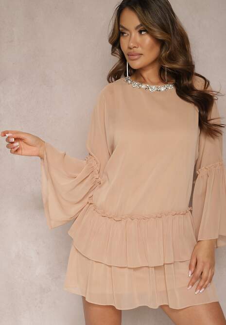 Beżowa Sukienka Rozkloszowana Mini z Falbanką i Cyrkoniami przy Szyi Felicerna
