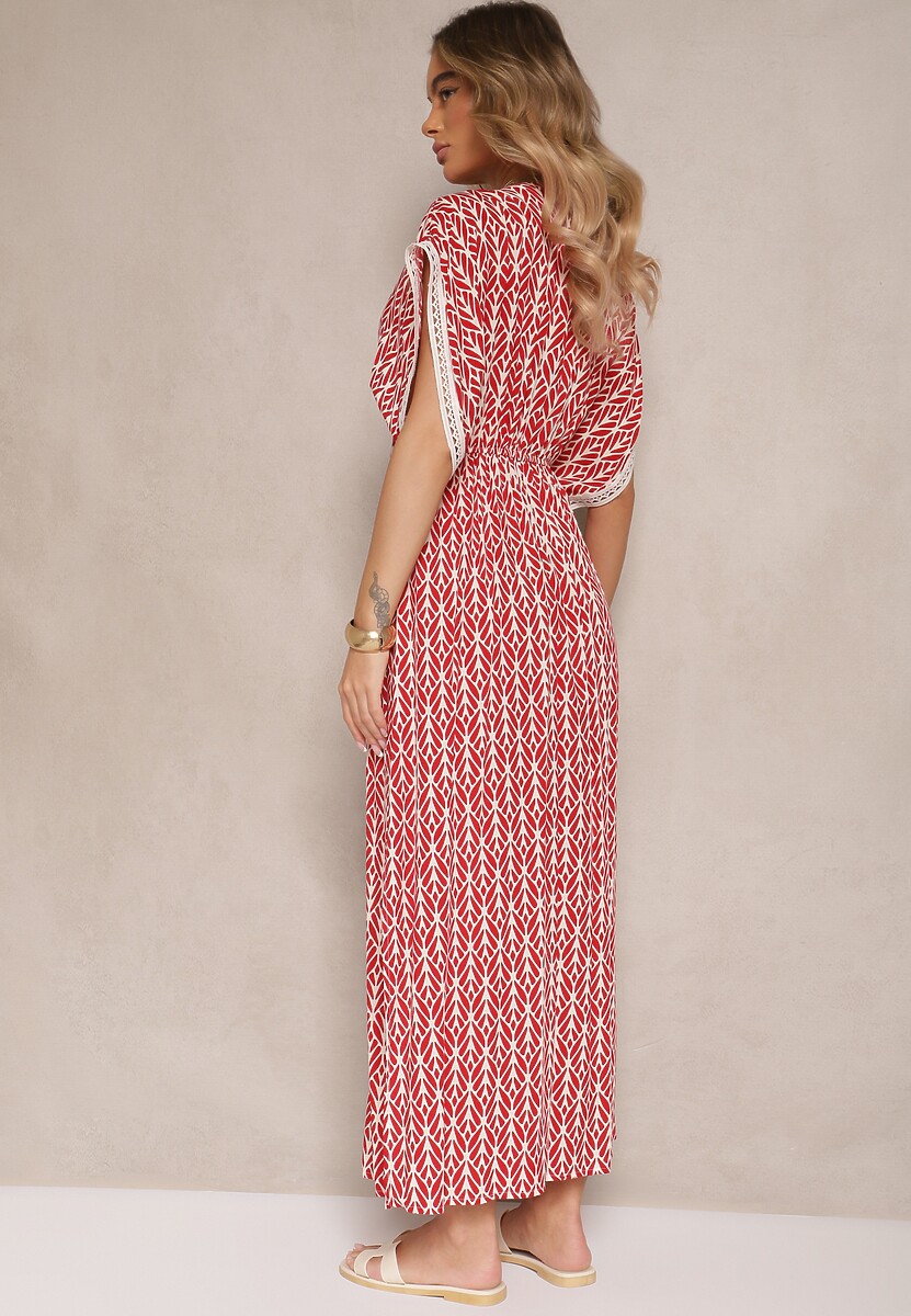 Czerwona Sukienka Rozkloszowana z Bawełny Wykończona Koronką Lanadria