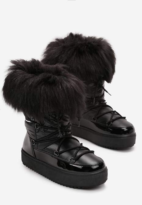 Czarne Sznurowane Śniegowce z Ozdobną Tasiemką z Napisem i Sztucznym Futerkiem Uwenia